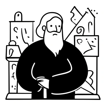 A self-portrait of "Leonardo da Vinci" with a flowing beard, wearing a dark robe. The background features hints of architectural elements and tools associated with his work, such as a compass and sketches. The composition is centered on the figure, emphasizing a serious and focused demeanor.