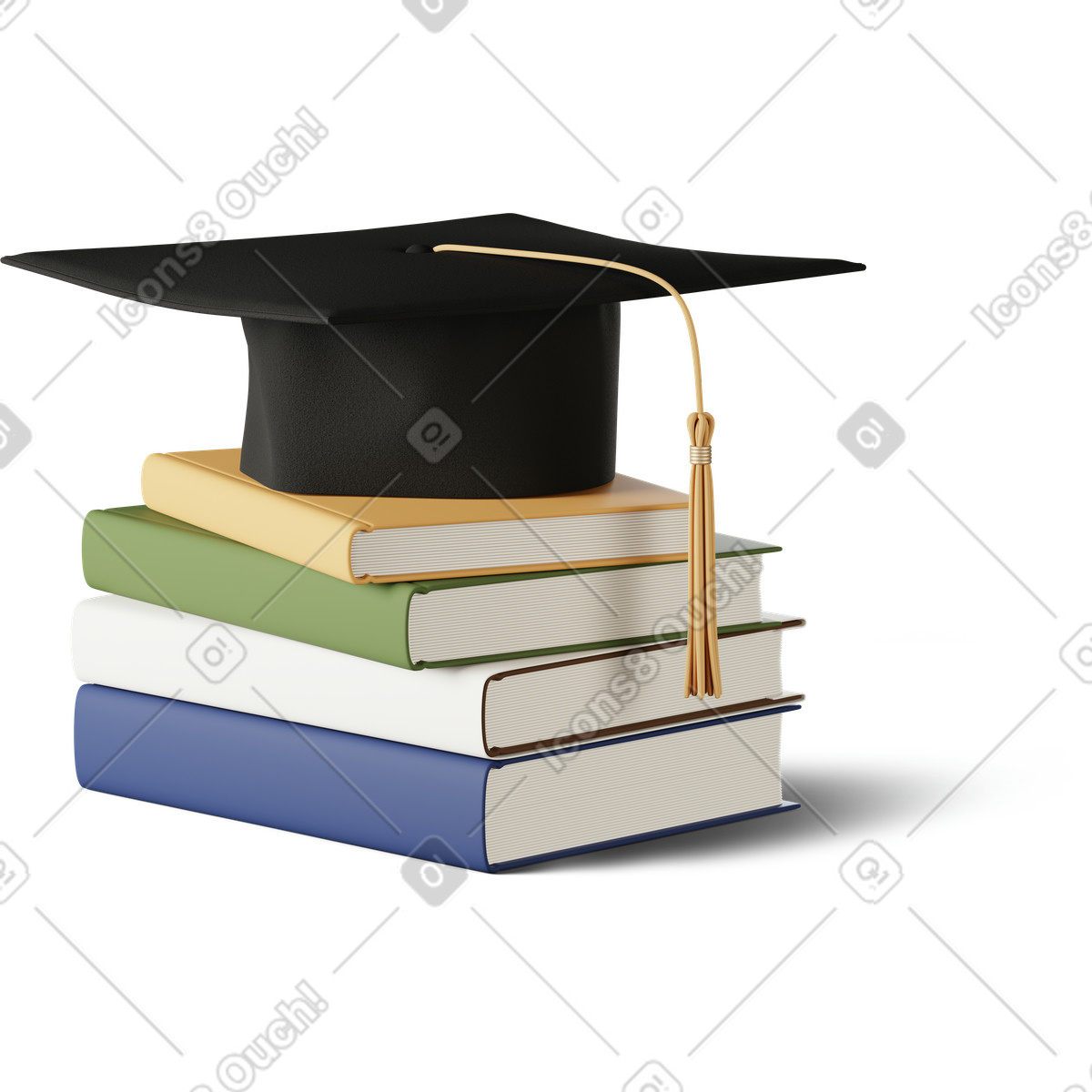 Graduation cap lying on pile of books-Illustration im 3D Business-Stil als Download in PNG, SVG