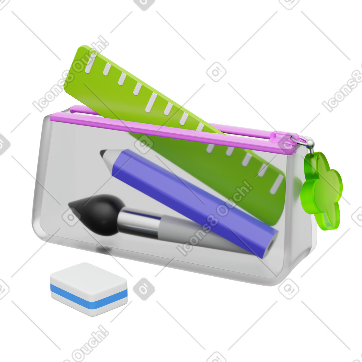Creative workspace setup with pencil case and art supplies illustration in 3D Playful style download in PNG, SVG