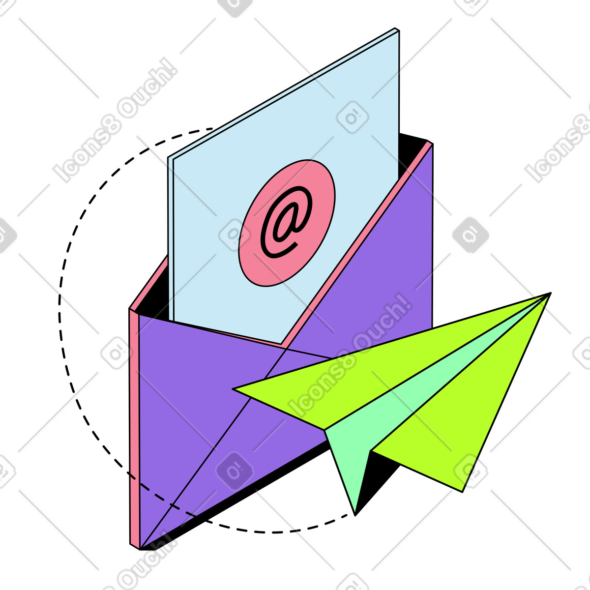 Illustration Courriel avec le signe @ et un avion en papier dans style Project à télécharger aux formats PNG, SVG