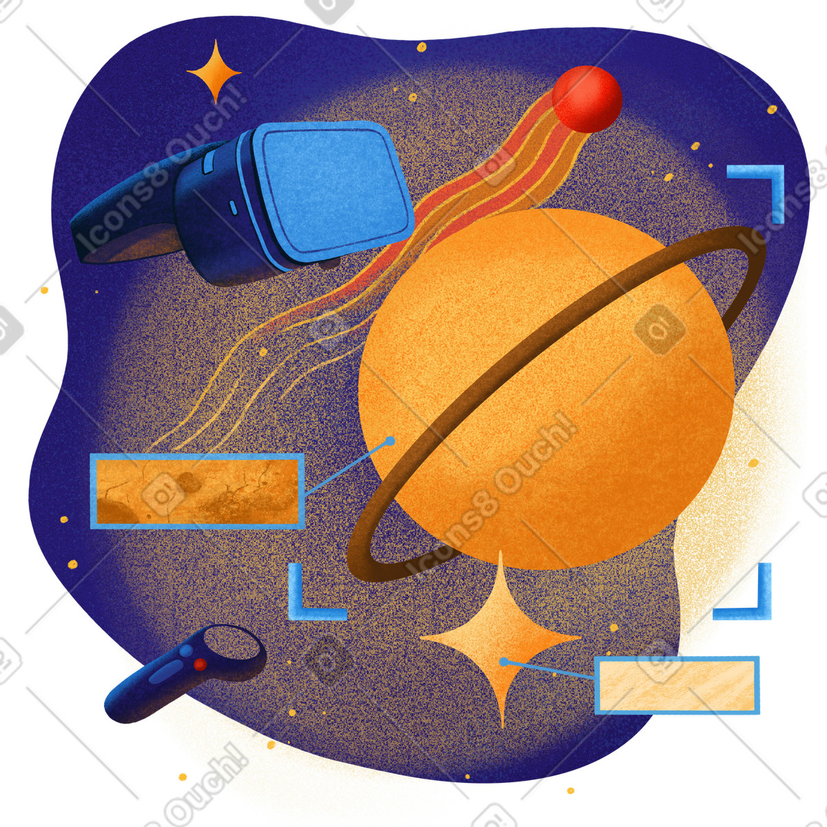 Virtual reality headset with planet, stars and comet, Interactive space learning illustration in Gleam style download in PNG, SVG