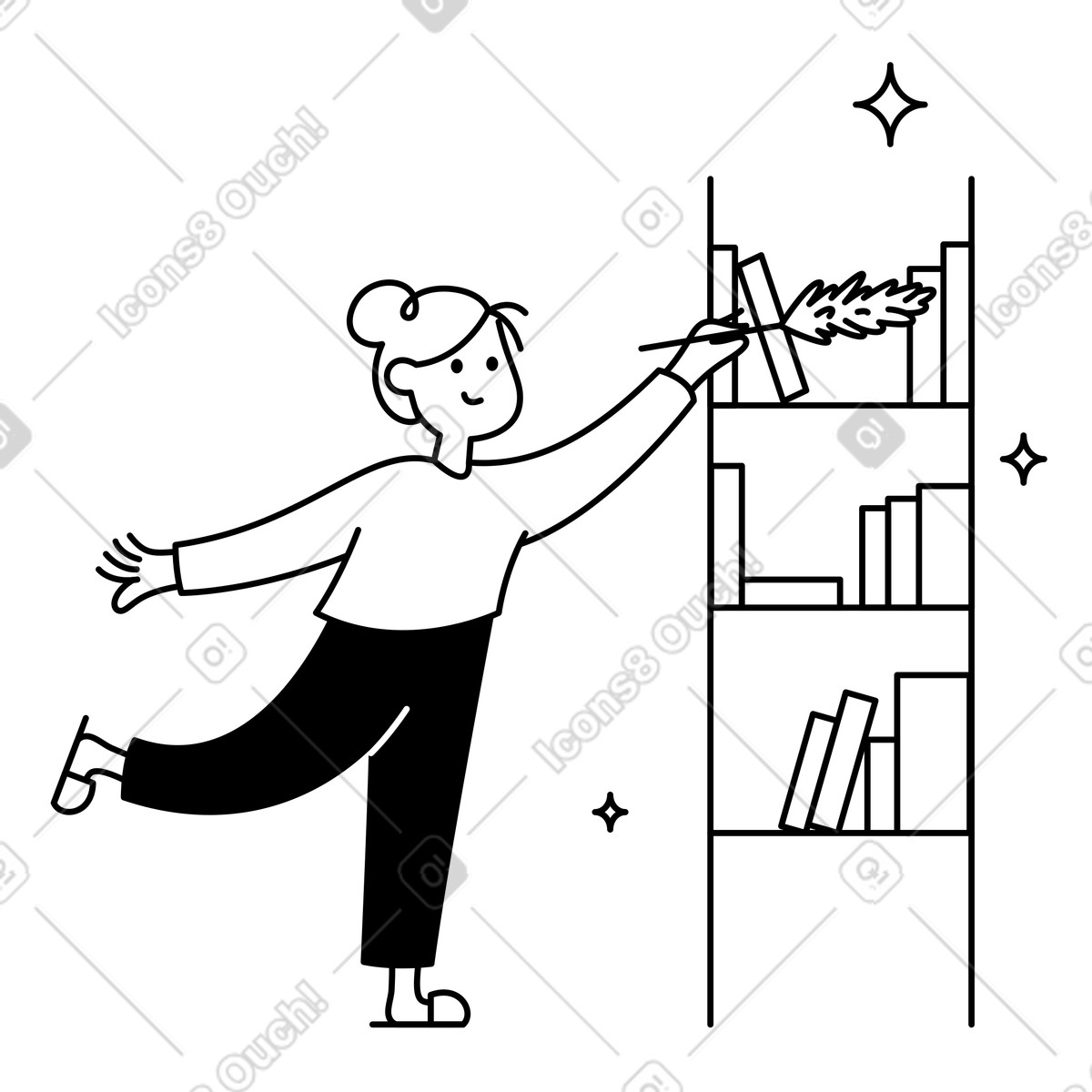 Ilustración Cleaning bookshelf with feather duster and sparkling organized books collection en estilo Notion Line Art a descargar en PNG y SVG