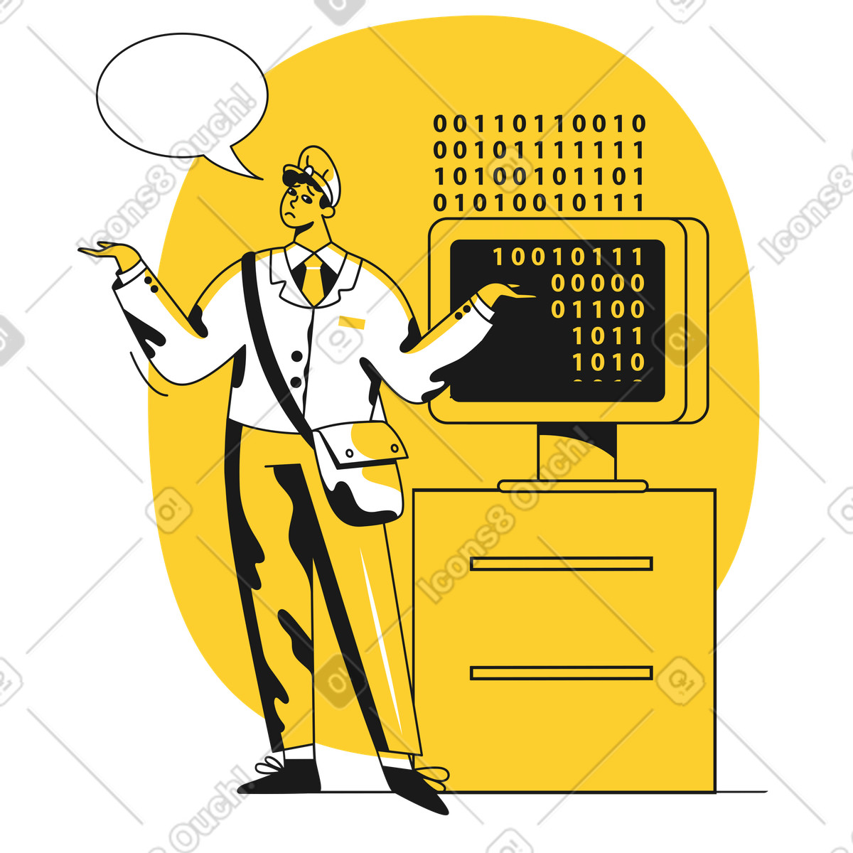 Man standing near computer with leaked data illustration in Taxi style download in PNG, SVG