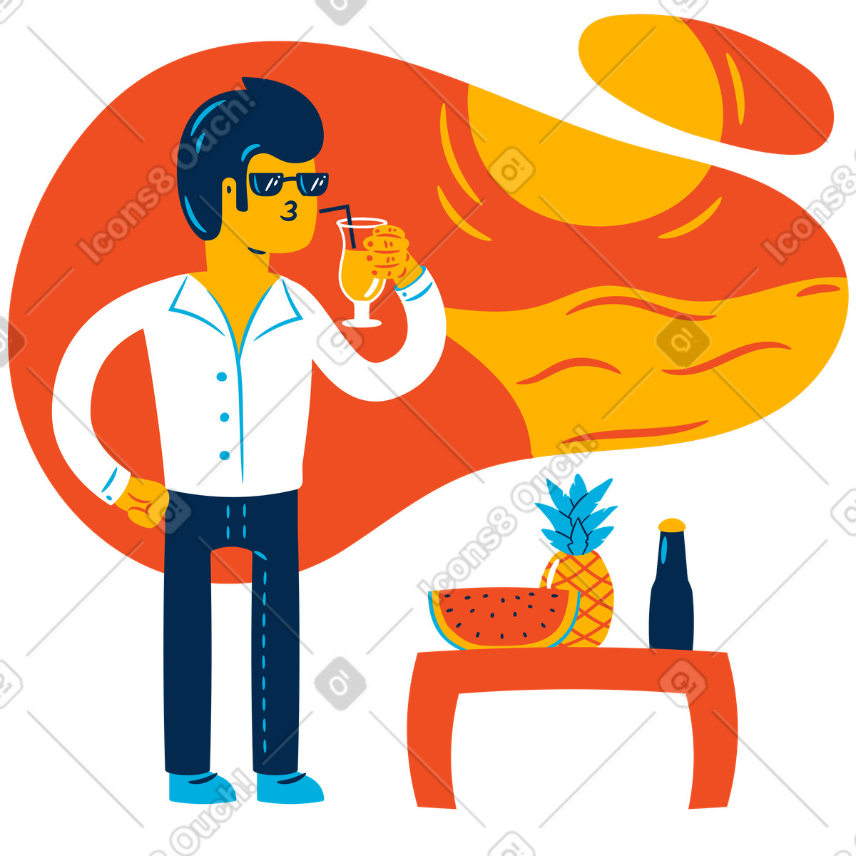 Uomo con un drink che si gode la sua vacanza illustrazione in stile Flame scarica in PNG, SVG