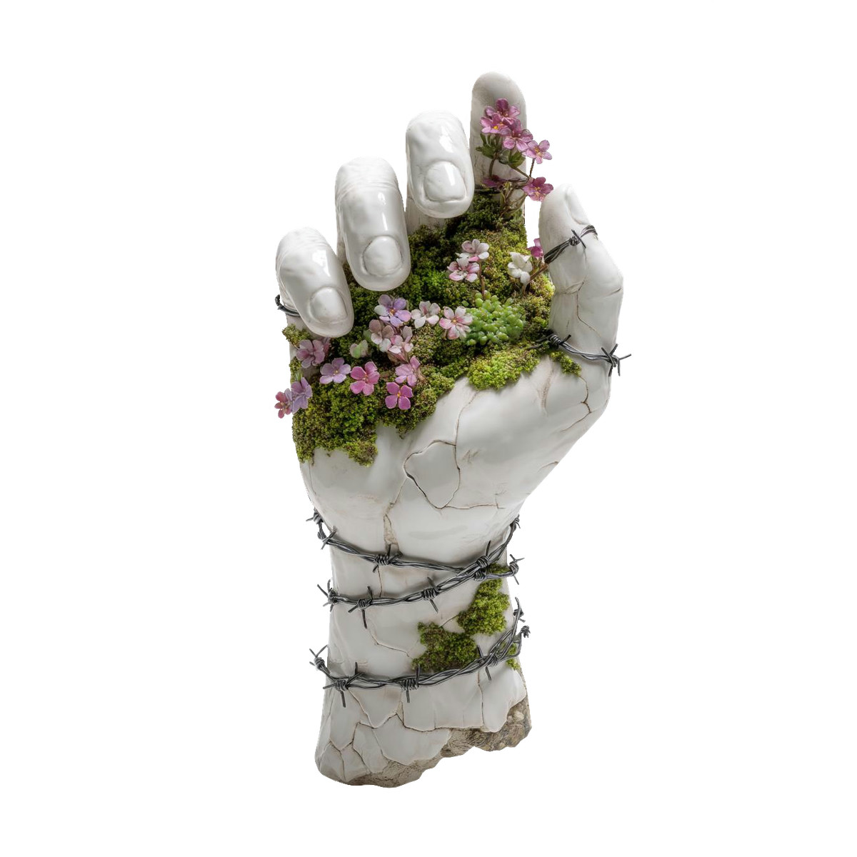 Surreal hand with moss flowers, Environmental awareness or healing illustrazione in stile Biomorphic scarica in PNG, SVG