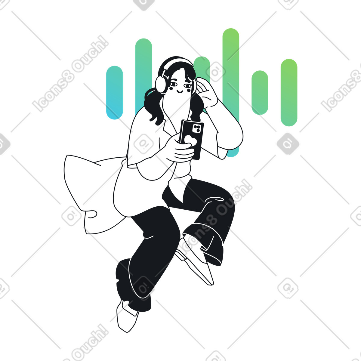 User with headphones enjoying music on mobile device, podcast or audiobook listening illustration in Breeze style download in PNG, SVG