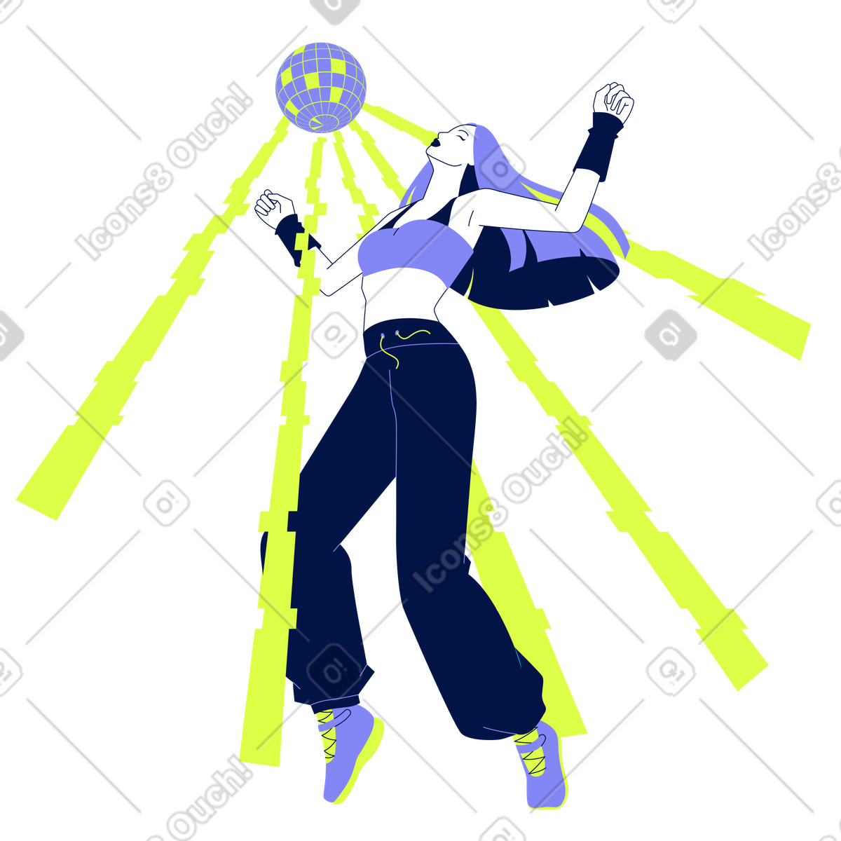 Ilustración Energetic dancing under light beams, Virtual party or online event en estilo Glow a descargar en PNG y SVG