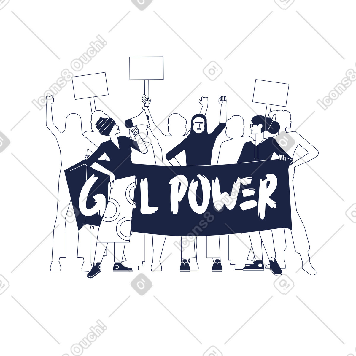 Le donne si riuniscono per un incontro sul girl power illustrazione in stile Urban Line scarica in PNG, SVG
