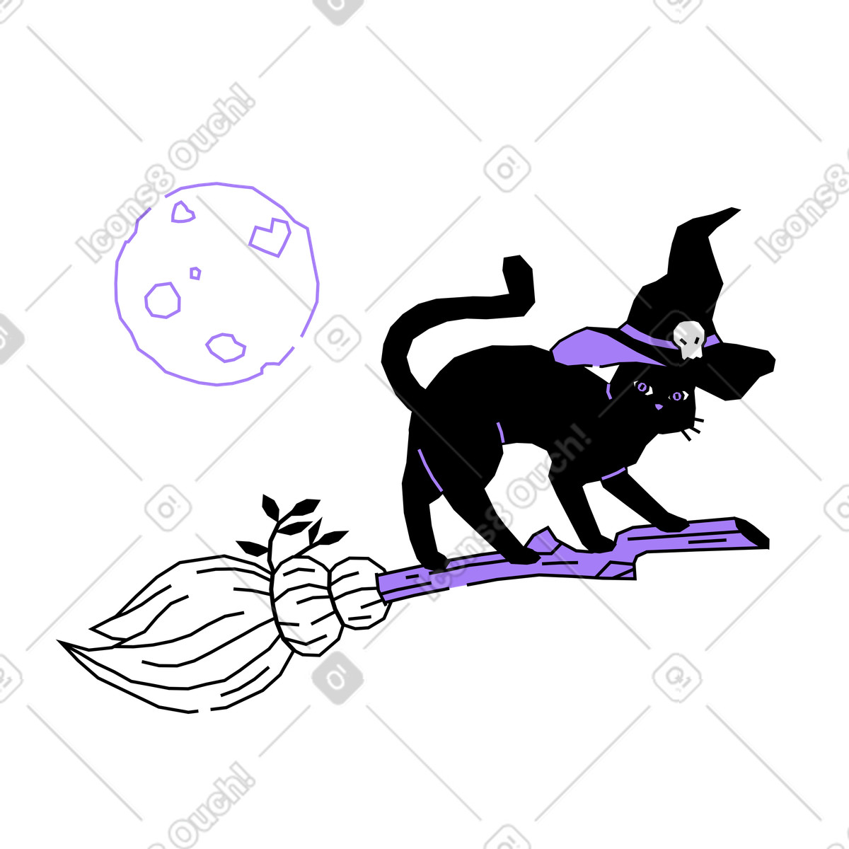 Witch cat on broom at night illustration in Amethyst style download in PNG, SVG