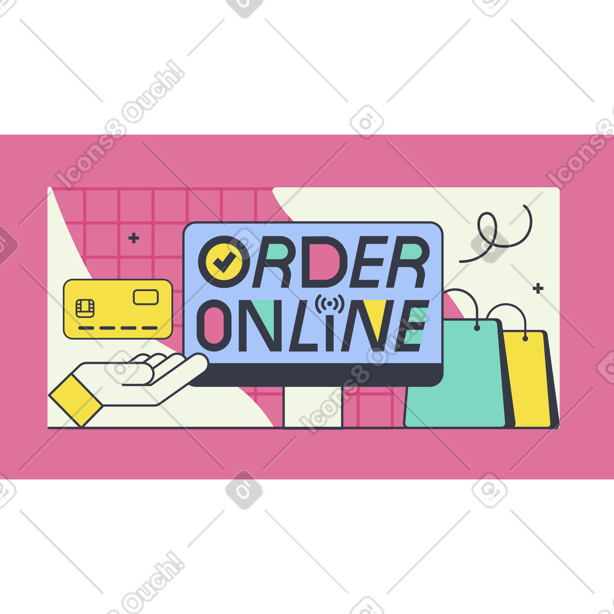 Lettering order online con computer e borse della spesa illustrazione in stile Abstract scarica in PNG, SVG
