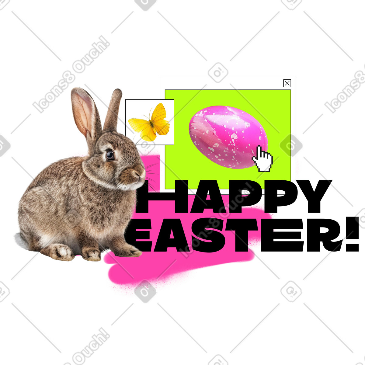 Text Happy Easter with rabbit, egg and butterfly illustration in Jumble style download in PNG, SVG