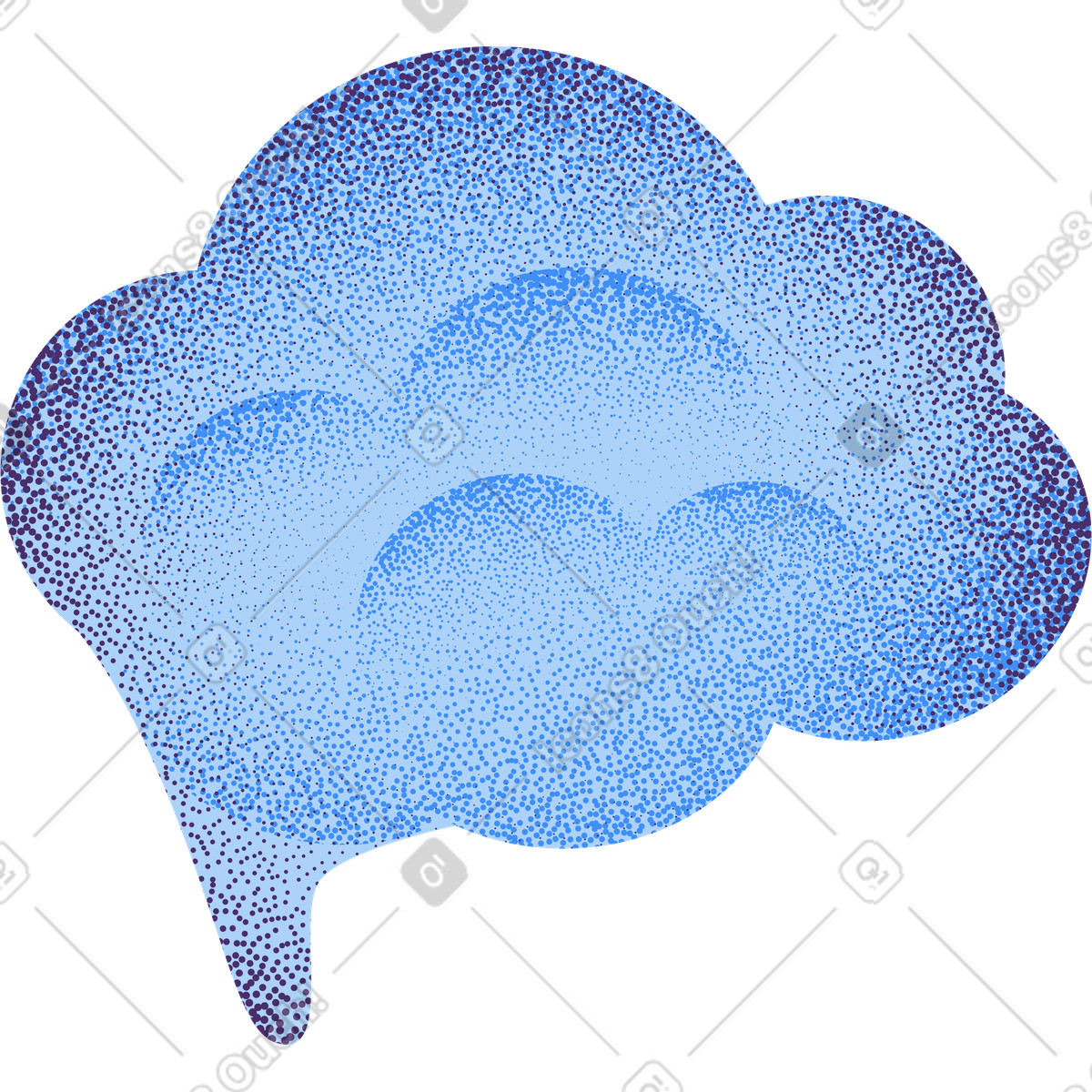 スタイルの Brain shaped speech bubble with blue halftone grain texture pattern のイラストをPNG、SVG形式でダウンロード