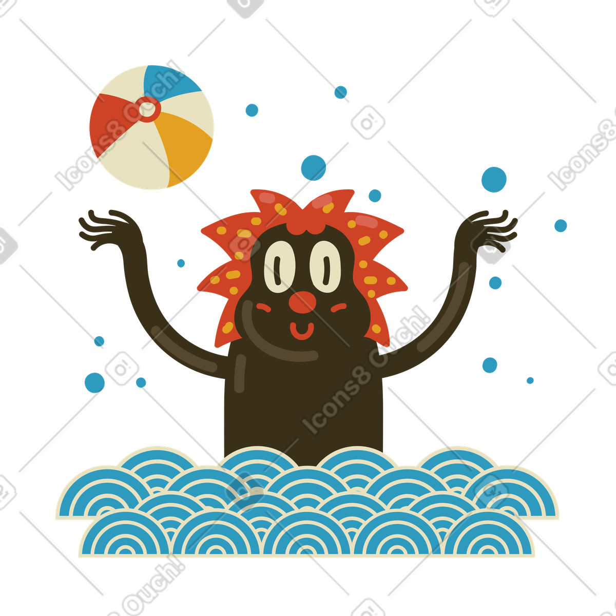 Un personaggio in mare che gioca con pallone da spiaggia illustrazione stile Arabica scarica PNG, SVG