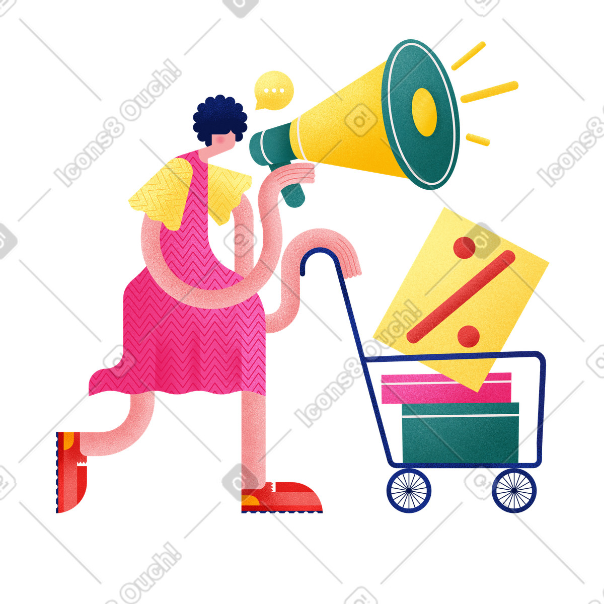 下载 Willowy 风格的 Shouting into megaphone pushing cart with discount sign, Marketing and advertisement 插画，支持 PNG、SVG 格式