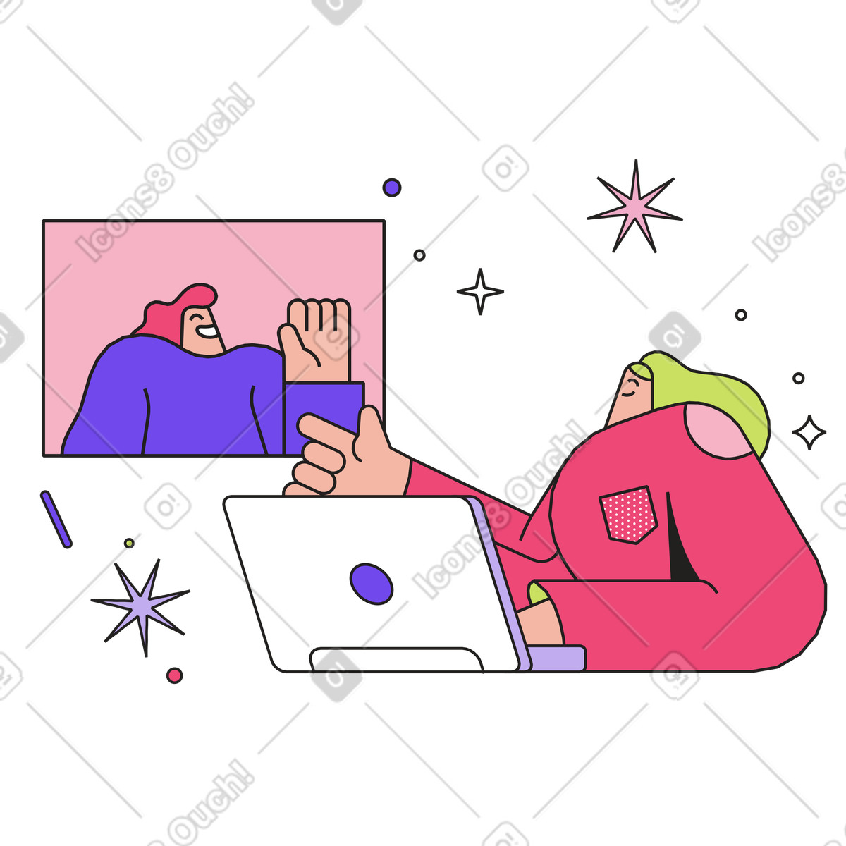 下载 Dazzle 风格的 Team members video chatting on laptop, Remote collaboration and communication 插画，支持 PNG、SVG 格式