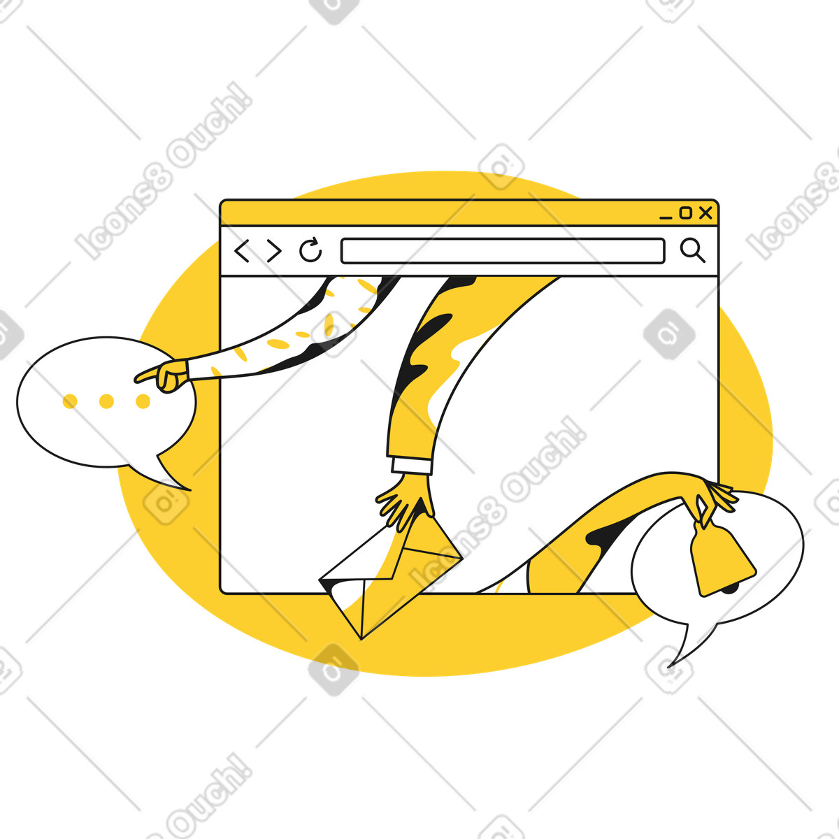 Benutzerinteraktion mit browser und sprechblasen-Illustration im Taxi-Stil als Download in PNG, SVG