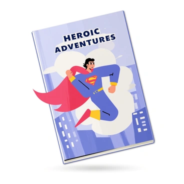 A dynamic comic book cover showcasing a superhero in mid-action. The superhero is wearing a bright blue and red costume with an emblem on the chest. They are leaping through the air with a determined expression on their face. Their cape billows dramatically behind them as they extend one arm forward, ready to take on a challenge. In the background, there are stylized city buildings and a clear blue sky. The title "Heroic Adventures" appears in bold letters at the top of the cover.