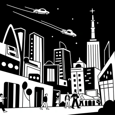 A bustling city at night lit up with neon signs, showcasing atomic-age architecture and flying cars.