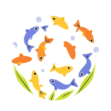 A group of colorful guppies swimming together in a circular formation, creating a mesmerizing swirl pattern. The guppies feature a variety of colors, including bright orange, blue, and yellow, with their elegant tails fanning out gracefully. Bubbles are rising around them, adding to the sense of movement in the water. The background consists of green aquatic plants swaying gently, enhancing the vibrant and lively scene of the guppies in motion.