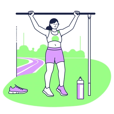 A person is performing dead hangs as part of their pre-run warm-up routine. They are hanging from a horizontal bar with both hands gripping the bar firmly. The person has a focused expression on their face, indicating concentration. Their body is slightly elevated off the ground, with their legs hanging straight down. The surroundings include a grassy field with a track visible in the background. A pair of running shoes sits on the ground nearby, and a water bottle is placed next to the shoes. Sunlight casts shadows on the ground, emphasizing the athletic activity taking place.