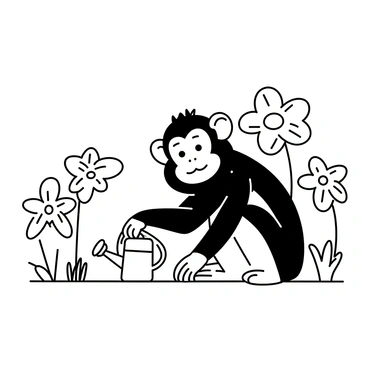 A monkey is kneeling on the ground, carefully tending to a garden filled with various tropical flowers. The monkey has a playful expression, with its fur detailed in black and white lineart. It is holding a small watering can, directing water onto the flowers. Surrounding the monkey are flowers with distinct shapes and sizes, showcasing lush petals and intricate details. The garden is arranged with a variety of plants, creating a dynamic sense of depth and abundance.