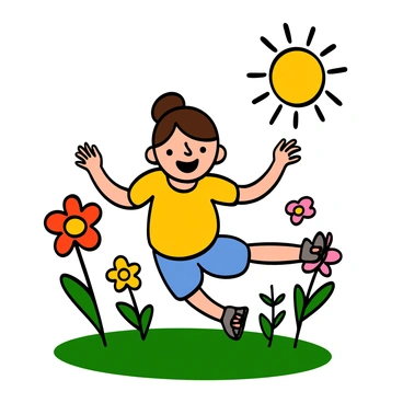 A young child with light skin and short brown hair is laughing joyfully while playing in a sunny park. The child is wearing a bright yellow t-shirt and denim shorts. Surrounding the child, there are colorful flowers in shades of red, pink, and yellow. The sun is shining brightly in the clear blue sky, casting playful shadows on the grass. The child has a playful expression, with big eyes wide open and a big smile on their face, embodying pure happiness.