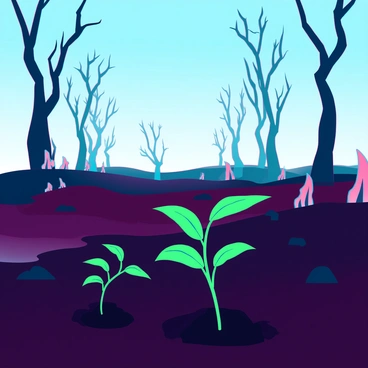 A vast, charred landscape with blackened earth and scorched trees, their skeletal remains reaching toward a bright blue sky. In the foreground, a few resilient plants with vibrant green leaves are beginning to sprout through the ashes, showcasing their determination to thrive in the harsh environment. The contrast between the dark, burnt ground and the fresh green shoots highlights the struggle for life in a seemingly desolate area. The remnants of fire can be seen in the background, with some areas still smoldering slightly, creating a stark reminder of the devastation that has taken place.