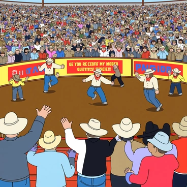 A large crowd of enthusiastic people gathered in a stadium at a rodeo. Many individuals are wearing colorful cowboy hats in various styles, with some sporting bandanas around their necks. The crowd is holding vibrant banners with messages of support and excitement, displaying bright colors like red, blue, and yellow. A few people are jumping up and down with their arms raised in celebration, while others are clapping and cheering. The atmosphere is filled with energy as everyone is focused on the rodeo action happening in front of them.