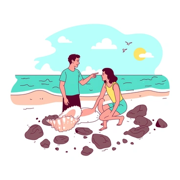 Two friends are standing on a sandy beach, surrounded by scattered rocks. One friend, wearing a teal shirt, is pointing excitedly at a large conch shell partially hidden among the rocks. The other friend, dressed in a yellow tank top, is crouching down to get a closer look at the shell. The sun is shining brightly in the sky, casting soft shadows on the sand. The waves are gently lapping at the shore, and a few seagulls can be seen flying in the background. The conch shell is a pale color with intricate patterns, contrasting against the rugged texture of the surrounding rocks.