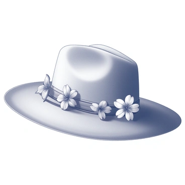 A wide-brimmed sunhat resting on a flat surface. The hat features a broad brim that curves gently upwards, providing ample shade. Around the crown of the hat, there are several embellishments made from native flowers, showcasing intricate details of petals and leaves. Each flower is distinct in shape, adding variety and texture to the design. The overall appearance is one of elegant decoration, capturing the essence of native flora.