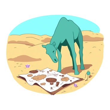 A teal camel is standing in a vast expanse of sand dunes, its head bent down as it curiously examines a large, tattered treasure map spread out on the golden sand. The map features various markings and symbols indicating hidden treasures. In the background, a couple of small glimmering jewels are half-buried in the sand, catching the light of the sun. The camel is surrounded by gently rolling dunes, with a clear blue sky overhead, hinting at an adventurous quest.