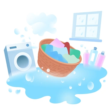 A laundry basket is floating in a flooded laundry room, with water levels rising around it. The basket, made of woven plastic, is filled with various colorful clothes including shirts and towels. Bubbles are gently rising to the surface of the water surrounding the basket. The room features a washing machine and dryer, partially submerged, with laundry detergent bottles floating nearby. A large window shows a rainy sky outside, adding to the flooded atmosphere. The scene is illuminated by soft, diffused light filtering through the window, creating a serene yet unusual environment.