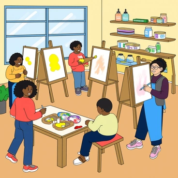 A vibrant art classroom filled with a diverse group of students engaged in painting and drawing activities. Several easels are arranged throughout the space, each holding canvases with colorful artwork in progress. The students include a girl with curly hair, painting with bright yellow paint, and a boy with glasses sketching with a pencil. Nearby, a student wearing a blue apron is mixing various paint colors on a palette. The room is adorned with shelves stocked with art supplies such as brushes, tubes of paint, and jars of water. Sunlight streams in through large windows, illuminating the creative atmosphere.