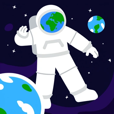 An astronaut in a white spacesuit is floating in the vastness of space. The helmet reflects the vibrant colors of Earth, which is visible in the background. The planet showcases blue oceans and green landmasses, surrounded by swirling white clouds. Stars twinkle in the deep blackness of space. The astronaut's hands are reaching outward, creating a sense of movement and exploration.