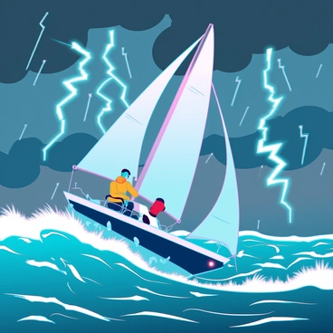 A sleek sailboat with white sails is cutting through turbulent, choppy waters. The waves are crashing against the hull, sending spray into the air. Dark, ominous clouds fill the sky, illuminated by sporadic flashes of lightning. The boat is tilting to one side, its sails billowing with strong winds. Rain is pouring down, creating a dynamic contrast between the turbulent sea and the fierce storm overhead. The captain, wearing a yellow raincoat, grips the steering wheel tightly, focused on navigating through the chaos.