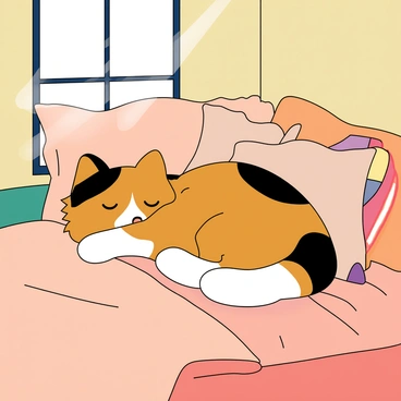 A fluffy calico cat with patches of orange, black, and white fur is snuggled up comfortably in a cozy bed. The cat's eyes are closed, and it is nestled among an assortment of soft pillows in various pastel colors. The bed is covered with a thick, plush blanket that is slightly wrinkled, suggesting a warm and inviting atmosphere. The corner of a small, colorful quilt is also visible, adding extra texture to the scene. Gentle sunlight filters through a nearby window, casting a warm glow on the sleeping cat and the surrounding bedding.