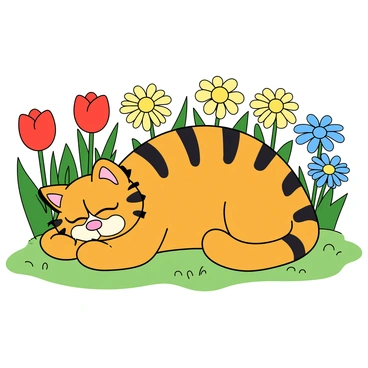 A large, orange tabby cat with black stripes, resembling Garfield, is lying comfortably on a patch of soft green grass. The cat's eyes are closed in a peaceful nap. Surrounding him are various colorful flowers including bright red tulips, yellow daisies, and blue daisies, creating a vibrant scene. The flowers are blooming and their petals are open, showcasing their vivid colors. The garden has a variety of green leaves and stems, adding to the lush appearance. The sun is shining brightly, casting gentle shadows on the ground around the cat.