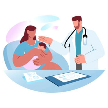 A mother is seated comfortably, gently breastfeeding her baby in a cozy setting. The baby is nestled against her, receiving nourishment. Next to her, a doctor in a white coat is standing, offering reassurance. The doctor has a supportive posture, with a hand placed gently on the mother's shoulder. There's a medical chart visible on the table nearby, displaying diagrams related to breastfeeding and wellness. Soft, pastel colors fill the background, creating a calm atmosphere.