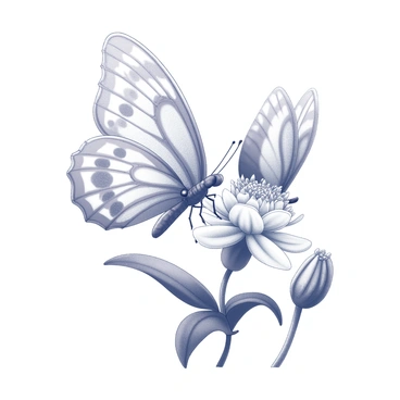 A butterfly with intricate wing patterns rests on a blooming flower. The butterfly's wings feature ornate, flowing designs reminiscent of elegant curves and natural forms. The flower is in full bloom, displaying detailed petals that radiate outward. The scene captures the delicate interaction between the butterfly and the flower, showcasing the textures of both the wings and the petals. Nearby, the surrounding foliage adds depth to the composition.