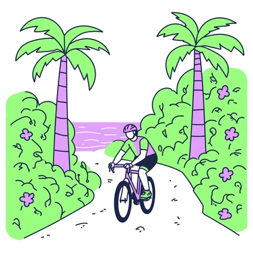 A cyclist is riding along a narrow beach path surrounded by dense tropical foliage. The cyclist is wearing a helmet and a bright-colored cycling jersey, pedaling energetically on a mountain bike. Tall palm trees with broad leaves flanking the path create a lush atmosphere. Vines and flowering plants intertwine along the edges of the trail, adding texture to the scene. In the background, the sound of waves crashing on the shore can be imagined, completing this active outdoor setting.