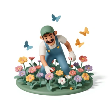 A man with a green hat and blue overalls, named Luigi, is happily bending down to pick colorful flowers in a lush garden. The garden is vibrant and filled with a variety of flowers in shades of red, yellow, and purple. Flying around him are several butterflies, displaying bright wings in colors like orange, blue, and yellow. The sunlight shines down on the scene, illuminating the flowers and casting soft shadows on the ground. Luigi has a joyful expression on his face as he gathers the flowers.
