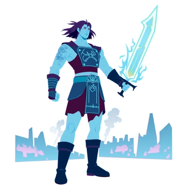 A fierce warrior with a muscular build and determined expression is standing in a battle-ready stance. He has rugged features, wearing a dark, intricately designed armor embellished with ancient symbols. His hair is wild and windswept, adding to his fierce appearance. In his right hand, he grips a "glowing sword" that emanates bright light, surrounded by "ethereal flames" that flicker and dance, casting a ghostly glow. The flames swirl around the blade, creating an aura of power and danger. The background features faint silhouettes of a war-torn landscape, with shadows of fallen enemies and smoke rising in the distance.