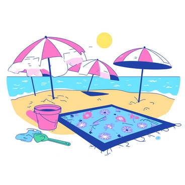 A blue beach scene features a colorful tapis laid out on the golden sand. The tapis is adorned with vibrant patterns and sits beneath a bright yellow sun. Surrounding the tapis are various beach toys, including a red plastic bucket and a green shovel, scattered around. There are several large umbrellas in the background, with some in pink and others in white, providing shade over the sandy area. The ocean waves gently lap at the shore, adding to the lively atmosphere.