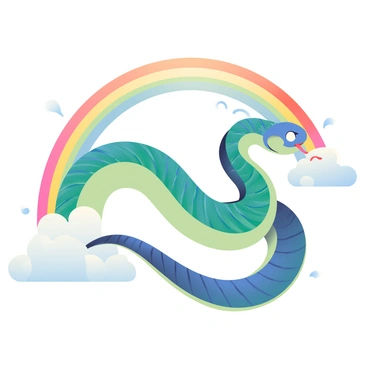 A large, coiled serpent with shimmering green and blue scales is soaring through fluffy white clouds. The serpent's eyes are bright and expressive, and its tongue flickers out. Behind it, a vivid rainbow arcs gracefully, each color blending smoothly into the next. The sky is a soft gradient of pastel blue and pink, enhancing the ethereal atmosphere of the scene. Wisps of clouds curl around the serpent's body, creating a sense of motion as it glides through the air.