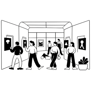 A group of people walking through an art gallery, examining various paintings displayed on the walls. The visitors are engaged in conversation while gazing at different artworks. Some individuals are pointing at specific paintings, discussing their features. The gallery is spacious with large windows allowing for natural light to illuminate the space. There are sculptures placed strategically throughout the room, adding visual interest to the scene.