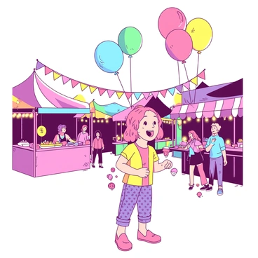 Tracy Beaker is standing in the center of a vibrant summer festival, surrounded by multiple colorful stalls that are adorned with bunting and fairy lights. She is wearing a bright outfit with patterns that reflect the lively atmosphere. Above her, balloons in various shapes and colors float gracefully in the air, adding to the festive feel. Tracy's expression is one of joy as she interacts with a friendly stall vendor offering sweets. In the background, festival-goers are seen enjoying the various activities and attractions, enhancing the lively scene.