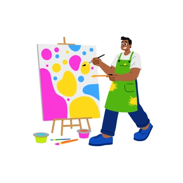 An artist standing in front of a large canvas. The canvas is filled with vibrant abstract shapes in various sizes and positions. Bright Holi colors such as pink, yellow, blue, and green are splattered and blended across the canvas. The artist is holding a paintbrush, actively applying more color to the canvas. The surroundings include paintbrushes scattered on the floor and small paint containers filled with different vibrant colors. The artist is wearing a paint-splattered apron and has a focused expression while creating their artwork.