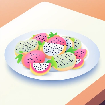 A large, round white plate is filled with dragon fruit-shaped cookies. Each cookie is decorated with intricate icing designs, showcasing a variety of colors such as pink, green, and white. The icing resembles the scales and patterns found on real dragon fruit. The cookies are arranged neatly on the plate, with some overlapping slightly. In the background, there is a light pastel-colored tablecloth that enhances the vibrant colors of the cookies. The plate is set on a wooden table, adding a warm touch to the overall composition.