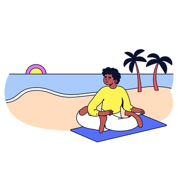 A sandy beach with gentle waves lapping at the shore. The sun is just beginning to rise above the horizon, painting the sky in shades of orange and pink. A person is seated in a cross-legged position on a yoga mat, wearing loose-fitting clothing. The individual has their hands resting on their knees, with a serene expression on their face. In the background, there are a few palm trees swaying slightly in the morning breeze. The beach is empty, creating a tranquil atmosphere.