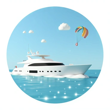 A vibrant scene featuring a large yacht, painted white, cutting through the crystal-clear ocean water. In the background, a colorful parasail is flying high above the yacht, with bright shades of red, yellow, and blue. The sky above is a rich, bright blue, scattered with a few small, fluffy white clouds. The sunlight glimmers on the water's surface, creating a sparkling effect as the yacht sails smoothly along.